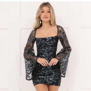 Lucy In The Sky | Elly Black Mesh Sequin Flare Sleeve Dress